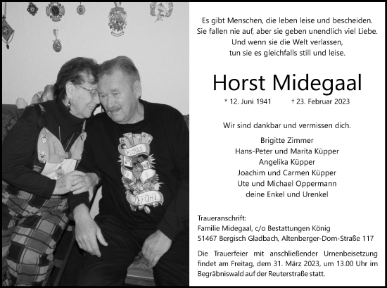 Anzeige von Horst Midegaal von Kölner Stadt-Anzeiger / Kölnische Rundschau / Express