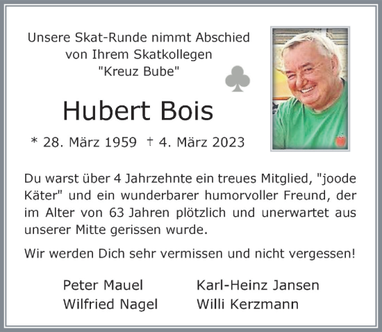 Anzeige von Hubert Bois von  Schaufenster/Blickpunkt 