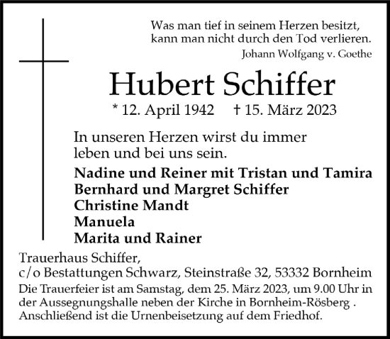 Anzeige von Hubert Schiffer von  Schlossbote/Werbekurier 