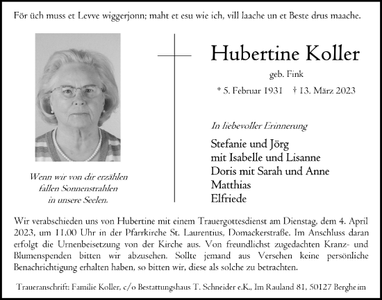 Anzeige von Hubertine Koller von  Werbepost 