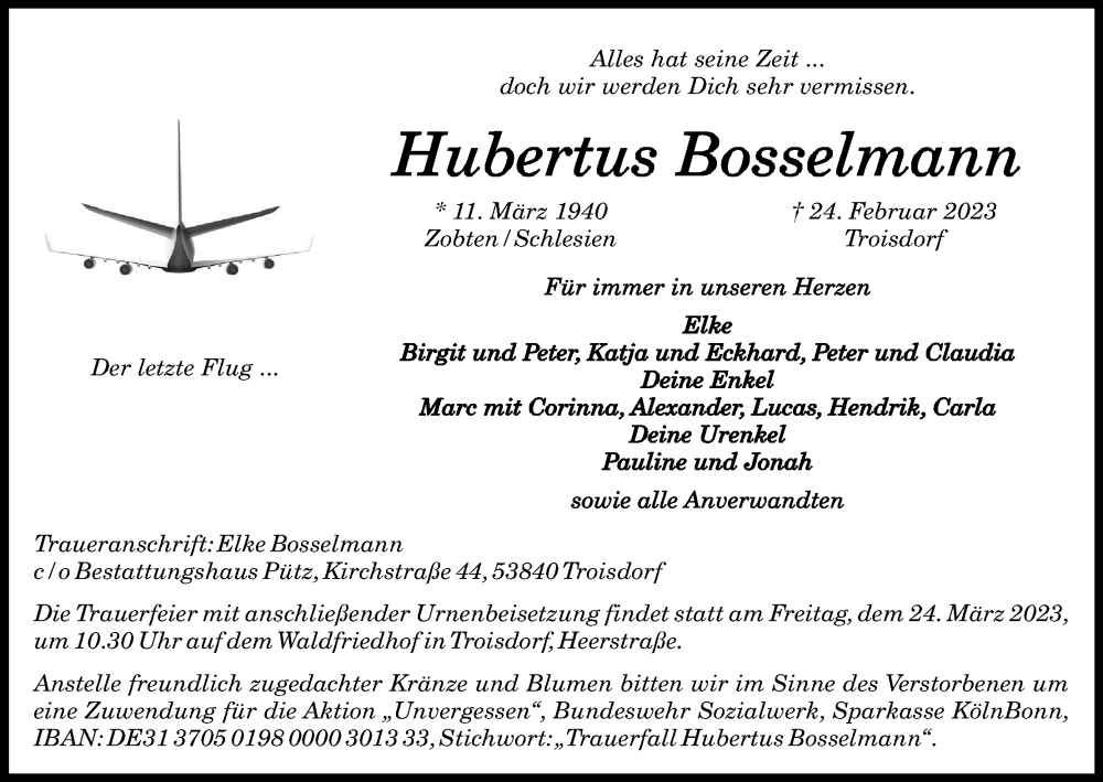  Traueranzeige für Hubertus Bosselmann vom 11.03.2023 aus Kölner Stadt-Anzeiger / Kölnische Rundschau / Express