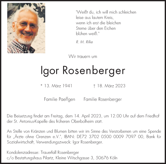 Anzeige von Igor Rosenberger von Kölner Stadt-Anzeiger / Kölnische Rundschau / Express