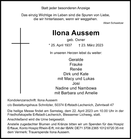 Anzeige von Ilona Aussem von Kölner Stadt-Anzeiger / Kölnische Rundschau / Express