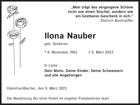 Anzeige von Ilona Elisabeth Nauber von Kölner Stadt-Anzeiger / Kölnische Rundschau / Express