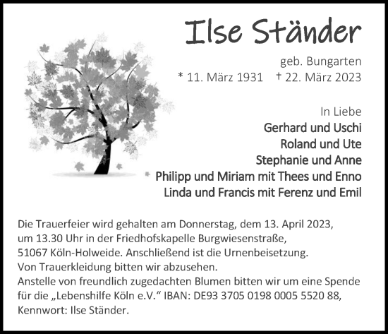 Anzeige von Ilse Ständer von Kölner Stadt-Anzeiger / Kölnische Rundschau / Express
