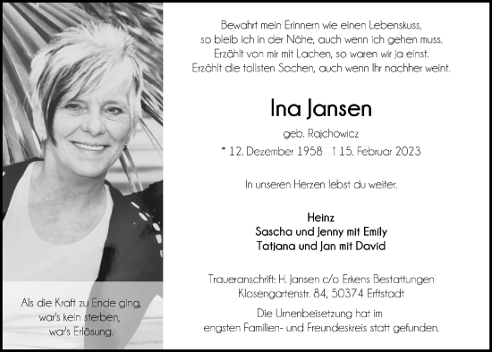 Anzeige von Ina Jansen von  Werbepost 
