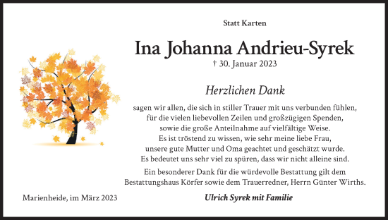 Anzeige von Ina Johanna Andrieu-Syrek von Kölner Stadt-Anzeiger / Kölnische Rundschau / Express