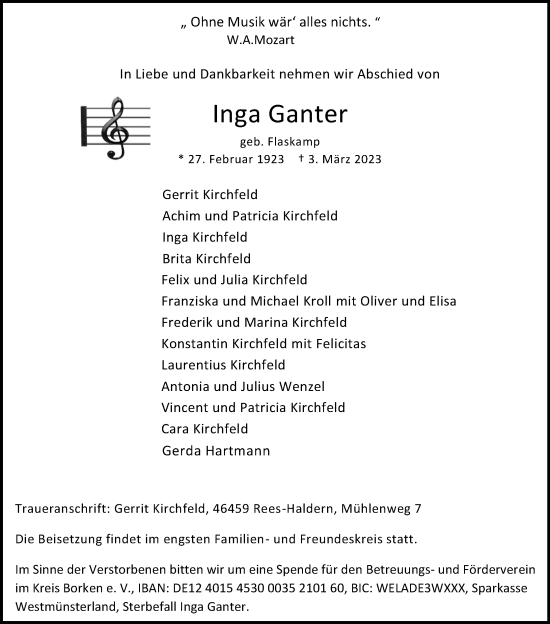 Anzeige von Inga Ganter von Kölner Stadt-Anzeiger / Kölnische Rundschau / Express