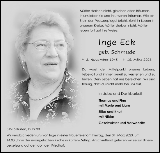 Anzeige von Inge Eck von Kölner Stadt-Anzeiger / Kölnische Rundschau / Express