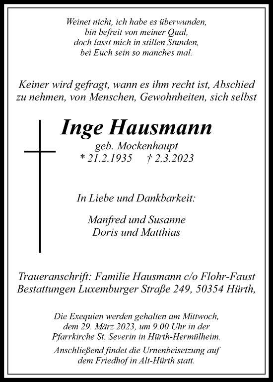 Anzeige von Inge Hausmann von Kölner Stadt-Anzeiger / Kölnische Rundschau / Express