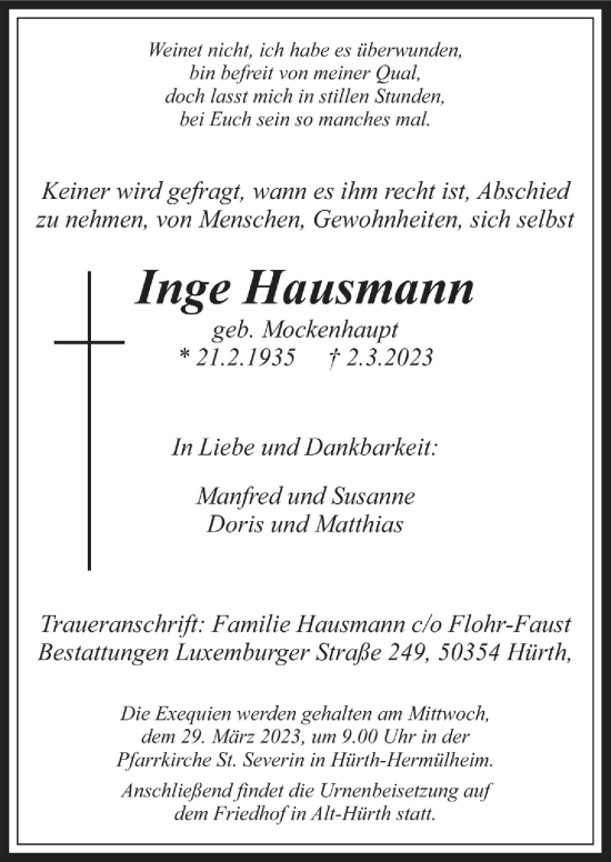 Anzeige von Inge Hausmann von  Wochenende 