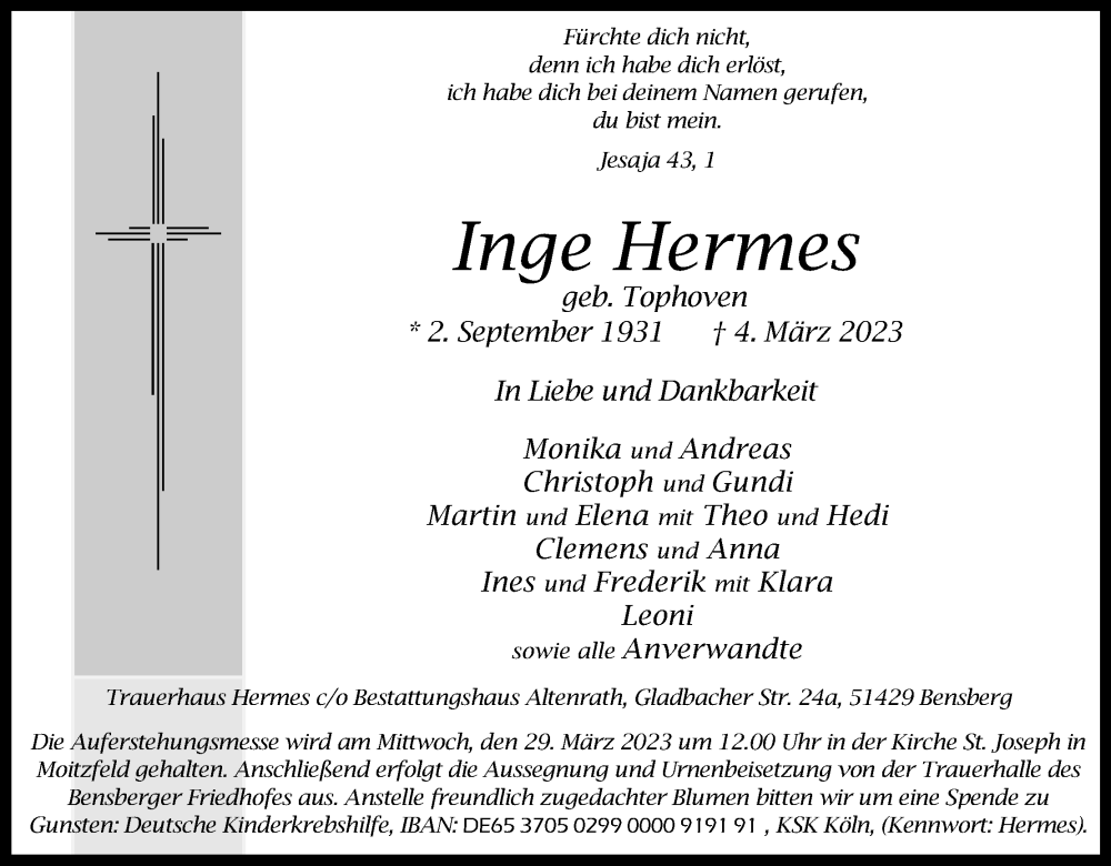  Traueranzeige für Inge Hermes vom 18.03.2023 aus Kölner Stadt-Anzeiger / Kölnische Rundschau / Express