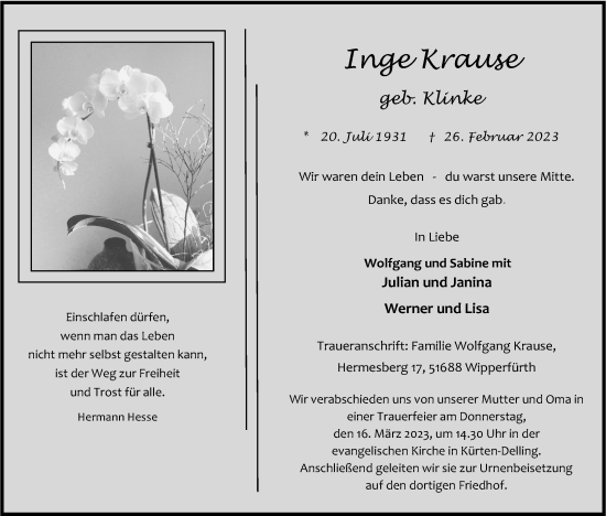 Anzeige von Inge Krause von Kölner Stadt-Anzeiger / Kölnische Rundschau / Express