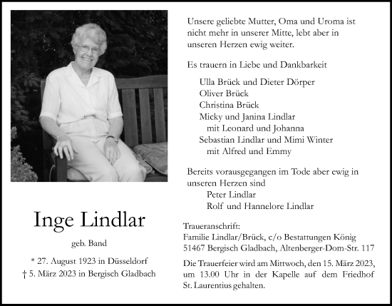 Anzeige von Inge Lindlar von Kölner Stadt-Anzeiger / Kölnische Rundschau / Express
