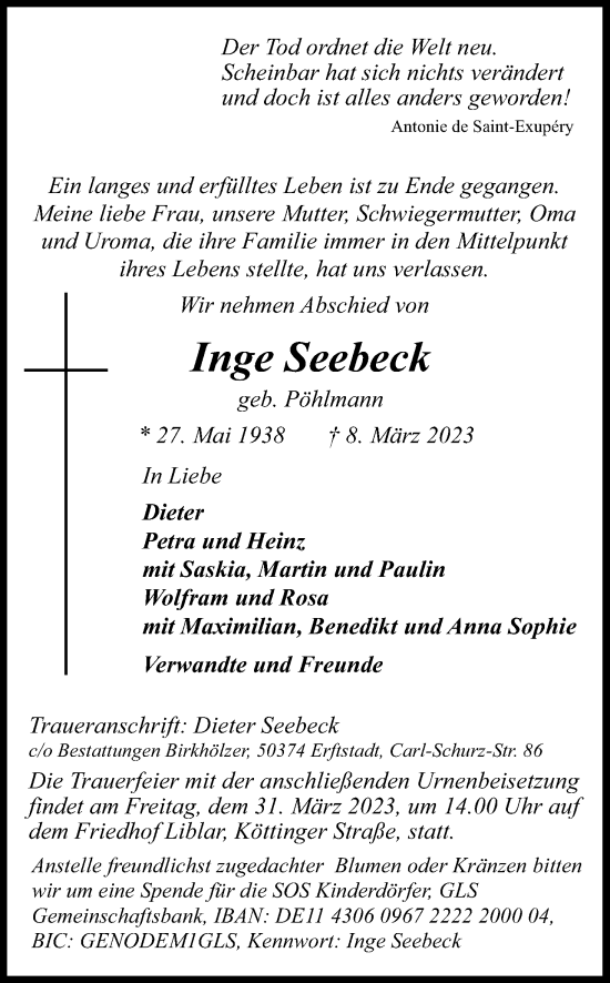 Anzeige von Inge Seebeck von Kölner Stadt-Anzeiger / Kölnische Rundschau / Express