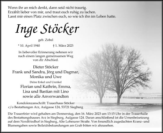 Anzeige von Inge Stöcker von Kölner Stadt-Anzeiger / Kölnische Rundschau / Express