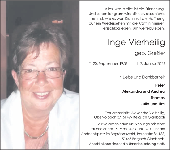 Anzeige von Inge Vierheilig von Kölner Stadt-Anzeiger / Kölnische Rundschau / Express