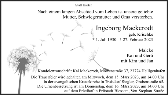 Anzeige von Ingeborg Mackerodt von Kölner Stadt-Anzeiger / Kölnische Rundschau / Express