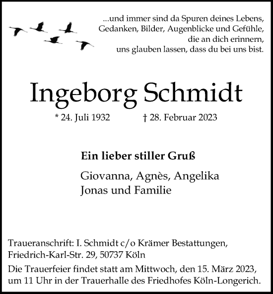Anzeige von Ingeborg Schmidt von Kölner Stadt-Anzeiger / Kölnische Rundschau / Express