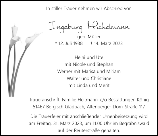 Anzeige von Ingeburg Michelmann von Kölner Stadt-Anzeiger / Kölnische Rundschau / Express