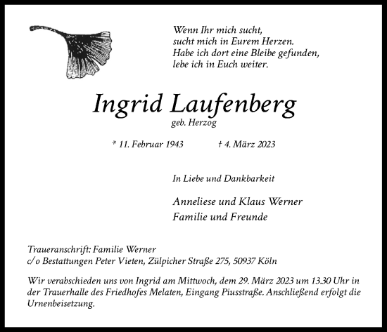 Anzeige von Ingrid Laufenberg von Kölner Stadt-Anzeiger / Kölnische Rundschau / Express