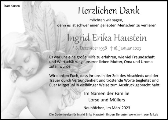 Anzeige von Ingrid Erika Haustein von  Lokalanzeiger 