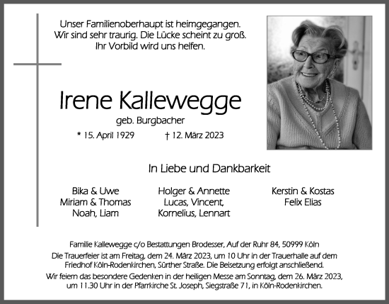 Anzeige von Irene Kallewegge von Kölner Stadt-Anzeiger / Kölnische Rundschau / Express