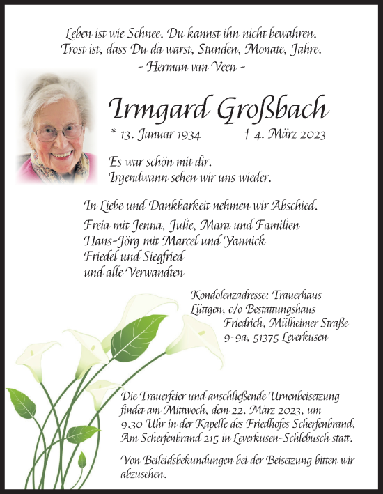 Anzeige von Irmgard Großbach von Kölner Stadt-Anzeiger / Kölnische Rundschau / Express