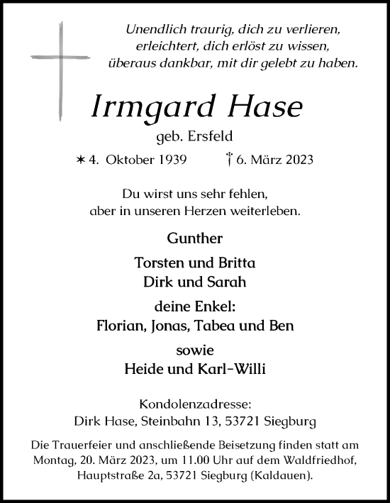 Anzeige von Irmgard Hase von Kölner Stadt-Anzeiger / Kölnische Rundschau / Express