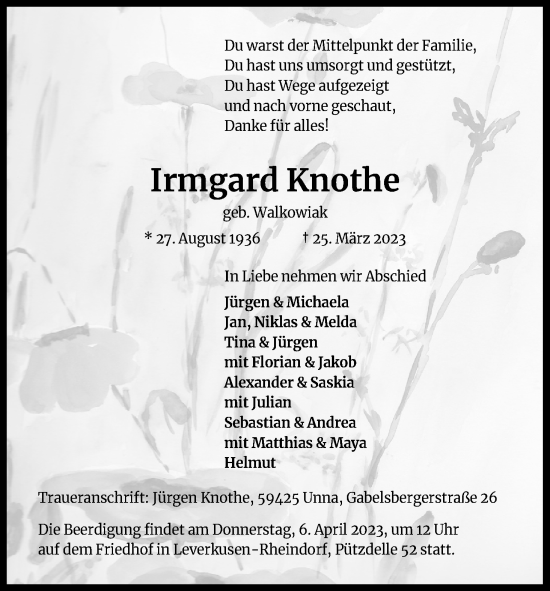 Anzeige von Irmgard Knothe von Kölner Stadt-Anzeiger / Kölnische Rundschau / Express