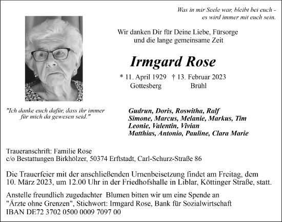 Anzeige von Irmgard Rose von  Werbepost 