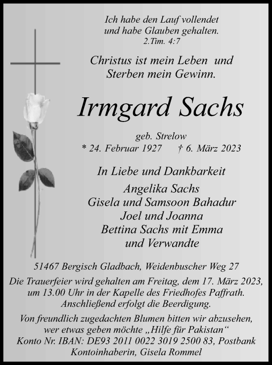 Anzeige von Irmgard Sachs von Kölner Stadt-Anzeiger / Kölnische Rundschau / Express