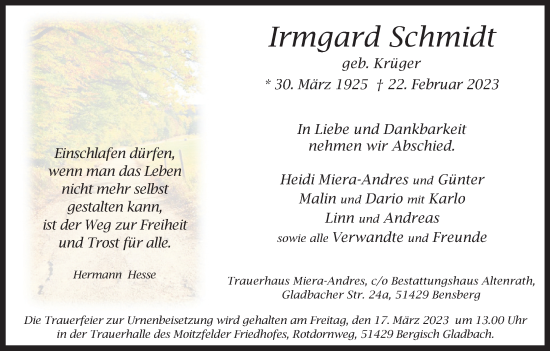 Anzeige von Irmgard Schmidt von Kölner Stadt-Anzeiger / Kölnische Rundschau / Express