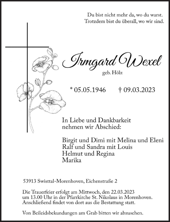 Anzeige von Irmgard Wexel von  Schaufenster/Blickpunkt 