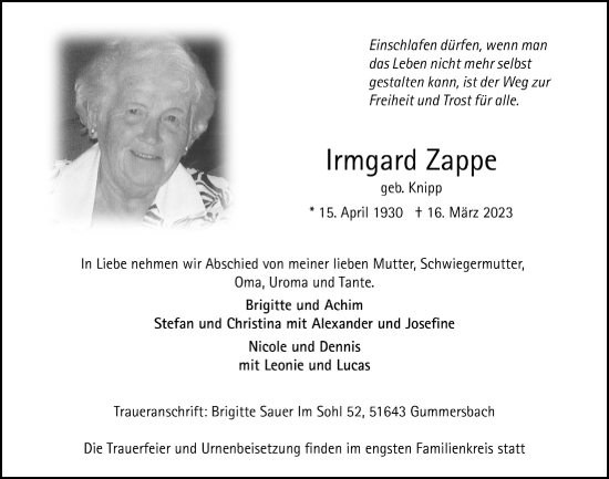 Anzeige von Irmgard Zappe von  Anzeigen Echo 