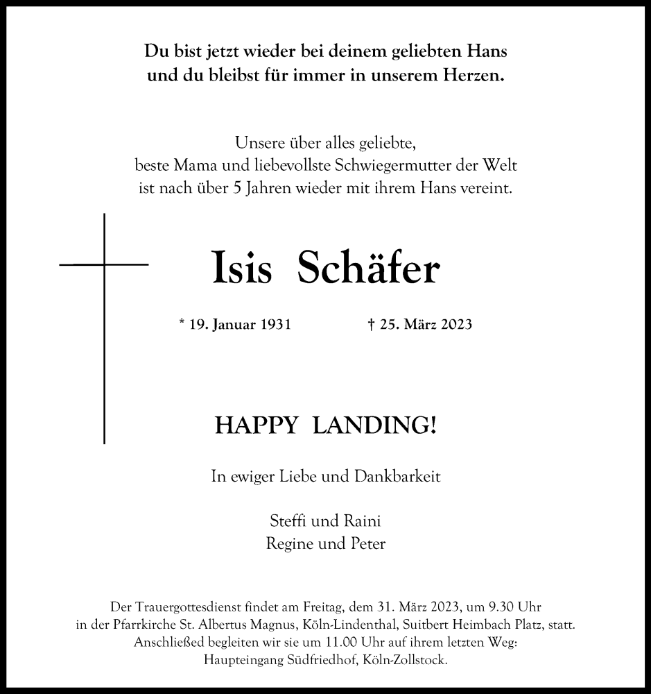  Traueranzeige für Isis Schäfer vom 29.03.2023 aus Kölner Stadt-Anzeiger / Kölnische Rundschau / Express