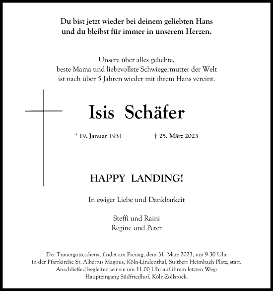 Anzeige von Isis Schäfer von Kölner Stadt-Anzeiger / Kölnische Rundschau / Express