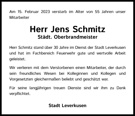 Anzeige von Jens Schmitz von Kölner Stadt-Anzeiger / Kölnische Rundschau / Express