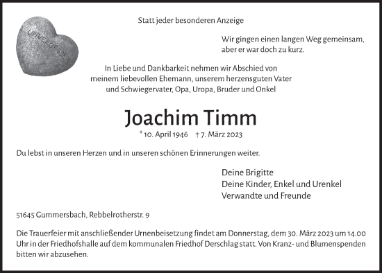 Anzeige von Joachim Timm von  Anzeigen Echo 