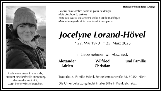 Anzeige von Jocelyne Lorand-Hövel von Kölner Stadt-Anzeiger / Kölnische Rundschau / Express