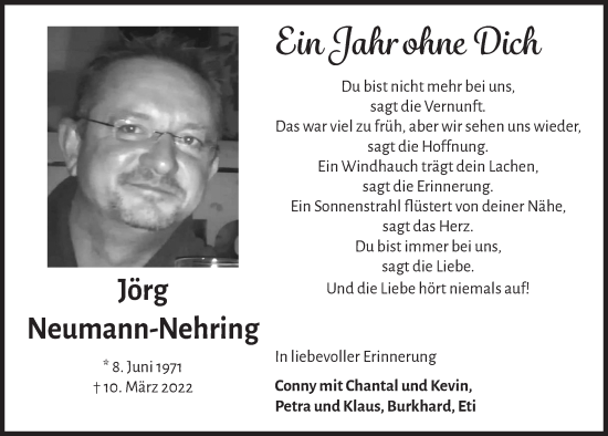 Anzeige von Jörg Neumann-Nehring von  Schaufenster/Blickpunkt 