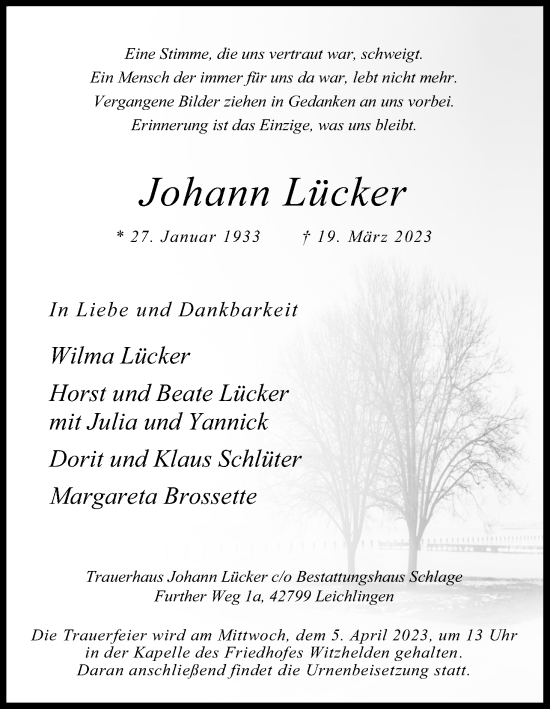 Anzeige von Johann Lücker von Kölner Stadt-Anzeiger / Kölnische Rundschau / Express