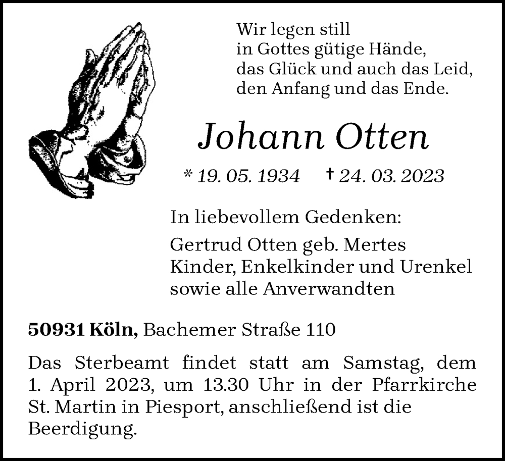  Traueranzeige für Johann Otten vom 29.03.2023 aus Kölner Stadt-Anzeiger / Kölnische Rundschau / Express