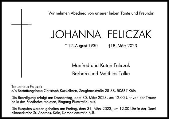 Anzeige von Johanna Feliczak von Kölner Stadt-Anzeiger / Kölnische Rundschau / Express