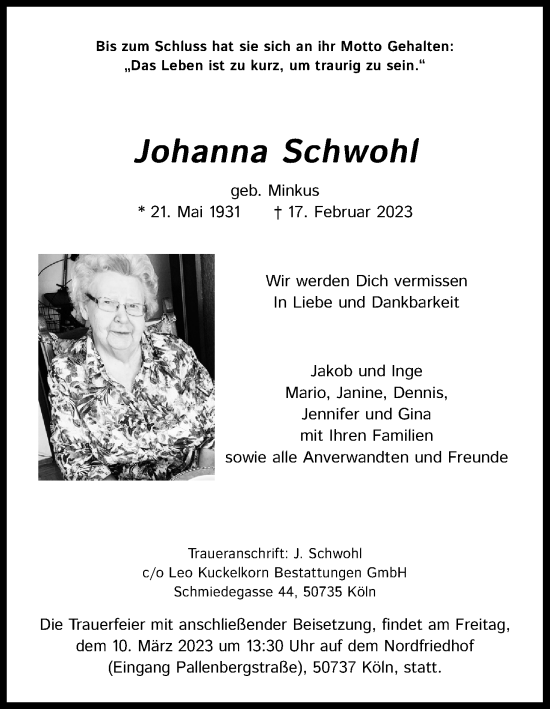 Anzeige von Johanna Schwohl von Kölner Stadt-Anzeiger / Kölnische Rundschau / Express