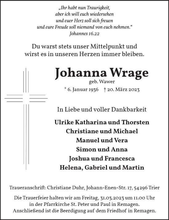 Anzeige von Johanna Wrage von  Anzeigen Echo 
