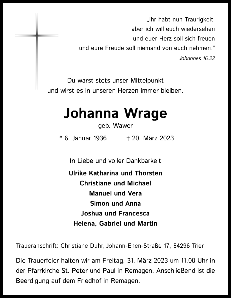  Traueranzeige für Johanna Wrage vom 25.03.2023 aus Kölner Stadt-Anzeiger / Kölnische Rundschau / Express