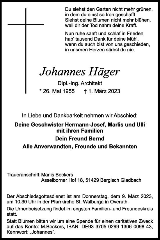 Anzeige von Johannes Häger von Kölner Stadt-Anzeiger / Kölnische Rundschau / Express