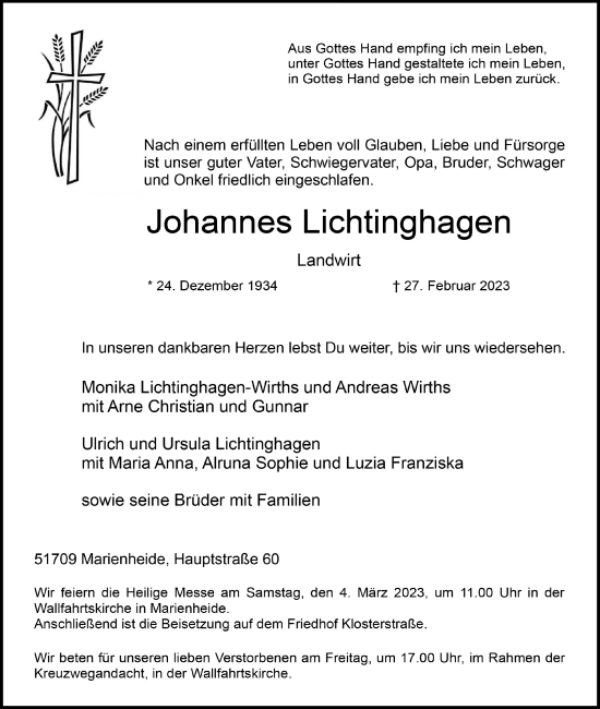Anzeige von Johannes Lichtinghagen von  Anzeigen Echo 