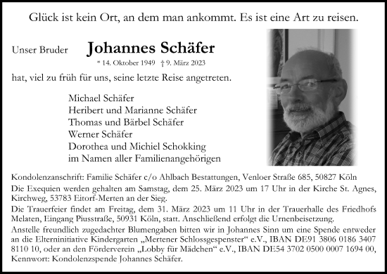 Anzeige von Johannes Schäfer von Kölner Stadt-Anzeiger / Kölnische Rundschau / Express